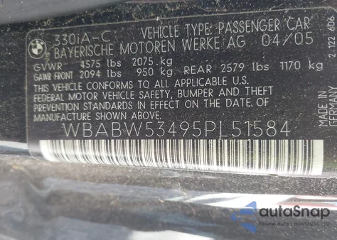 2005 BMW 330Ci from USA, damaged, VIN WBABW53495PL51584